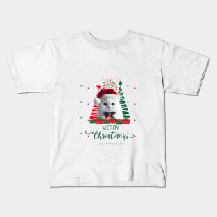 White cat in Santa hat with Christmas tree Merry Christmas and happy New Year,Brafdesign Kids T-Shirt